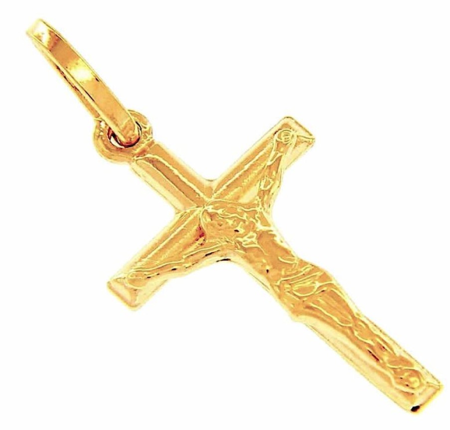 Vaticanum Gioielli in Oro Croce Dritta Con Corpo Di Cristo Ciondolo Pendente Gr 0,9 Oro Giallo 18Kt A Canna Vuota Uni Donna Uomo First Communion