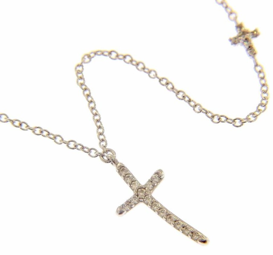 Vaticanum Gioielli in Oro Collana Girocollo Con Croce Grande E Piccola Con Punti Luce Gr 2,6 Oro Bianco 18Kt Con Zirconi Da Donna Baptism